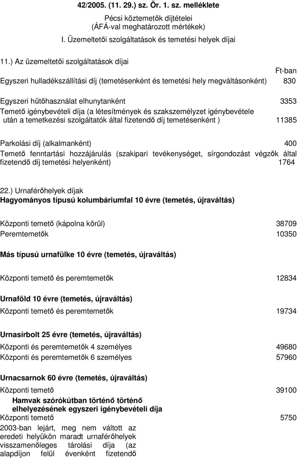 (a létesítmények és szakszemélyzet igénybevétele után a temetkezési szolgáltatók által fizetendő díj temetésenként ) 11385 Parkolási díj (alkalmanként) 400 Temető fenntartási hozzájárulás (szakipari