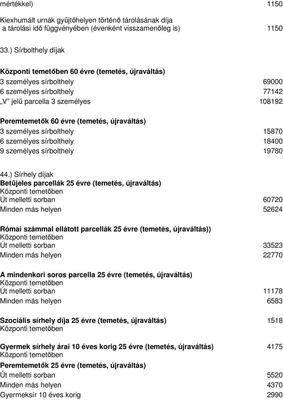 újraváltás) 3 személyes sírbolthely 15870 6 személyes sírbolthely 18400 9 személyes sírbolthely 19780 44.