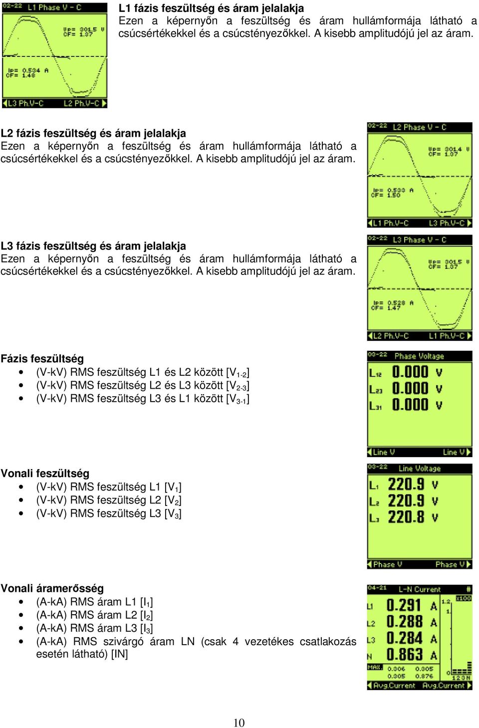 L3 fázis feszültség és áram jelalakja Ezen a képernyőn a feszültség és áram hullámformája látható a csúcsértékekkel és a csúcstényezőkkel. A kisebb amplitudójú jel az áram.