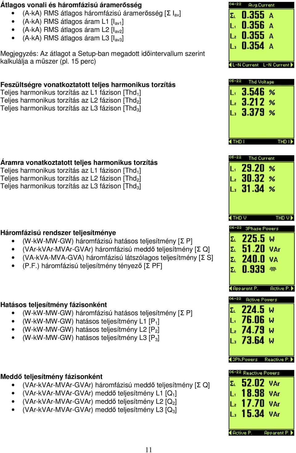 15 perc) Feszültségre vonatkoztatott teljes harmonikus torzítás Teljes harmonikus torzítás az L1 fázison [Thd 1 ] Teljes harmonikus torzítás az L2 fázison [Thd 2 ] Teljes harmonikus torzítás az L3