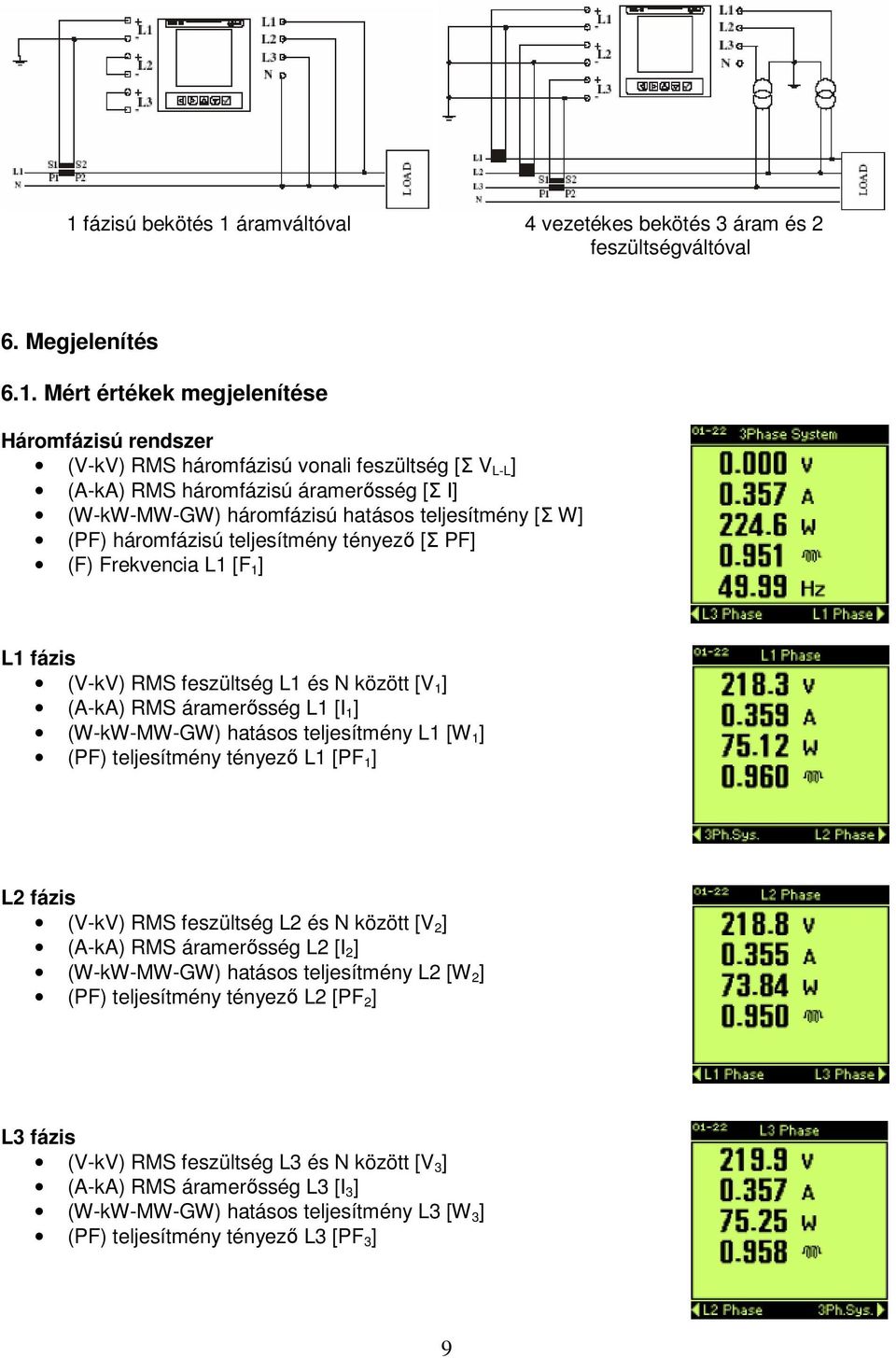 L1 és N között [V 1 ] (A-kA) RMS áramerősség L1 [I 1 ] (W-kW-MW-GW) hatásos teljesítmény L1 [W 1 ] (PF) teljesítmény tényező L1 [PF 1 ] L2 fázis (V-kV) RMS feszültség L2 és N között [V 2 ] (A-kA) RMS