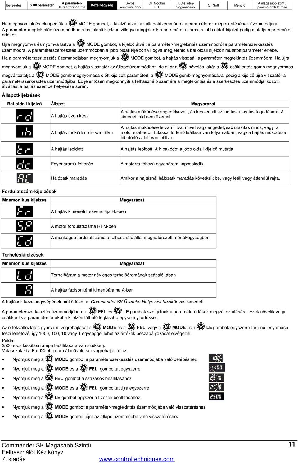 Újra megnyomva és nyomva tartva a MODE gombot, a kijelző átvált a paraméter-megtekintés üzemmódról a paraméterszerkesztés üzemmódra.