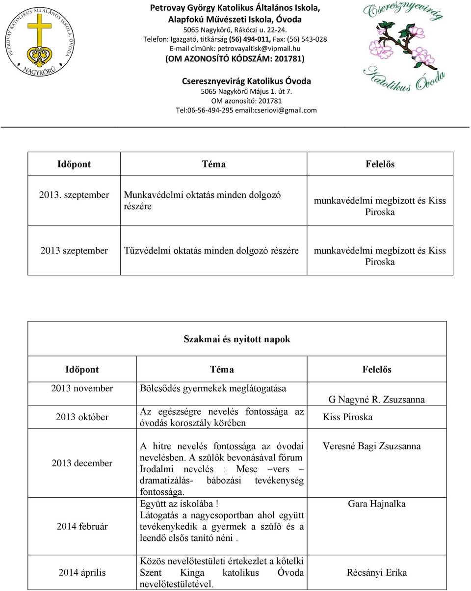 és nyitott napok Időpont Téma Felelős 2013 november Bölcsődés gyermekek meglátogatása 2013 október Az egészségre nevelés fontossága az óvodás korosztály körében G Nagyné R.