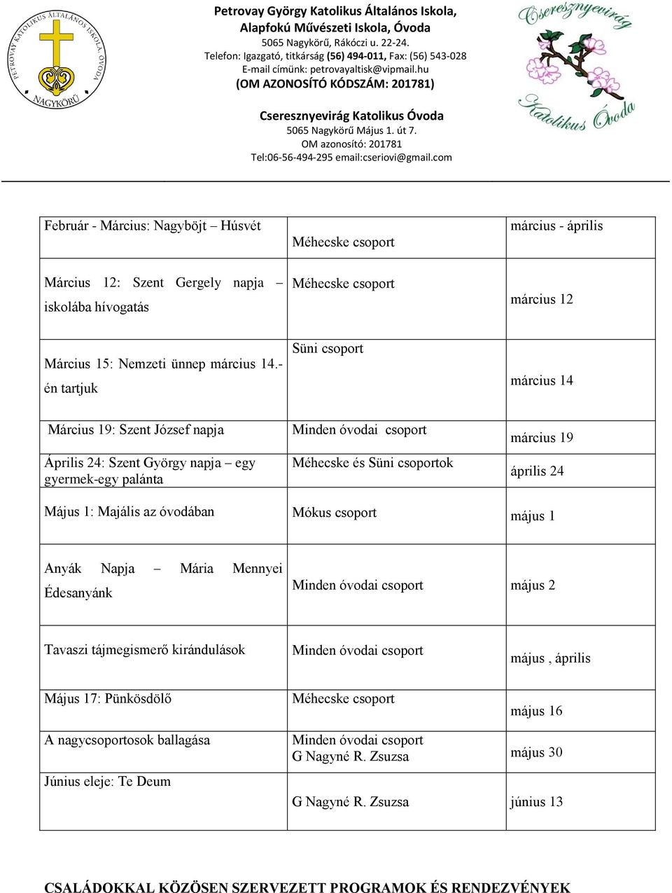 1: Majális az óvodában Mókus csoport május 1 Anyák Napja Mária Mennyei Édesanyánk Minden óvodai csoport május 2 Tavaszi tájmegismerő kirándulások Minden óvodai csoport május, április Május 17: