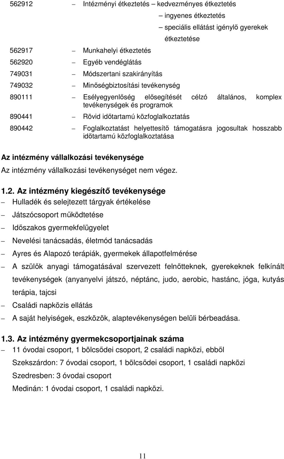 Foglalkoztatást helyettesítő támogatásra jogosultak hosszabb időtartamú közfoglalkoztatása Az intézmény vállalkozási tevékenysége Az intézmény vállalkozási tevékenységet nem végez. 1.2.