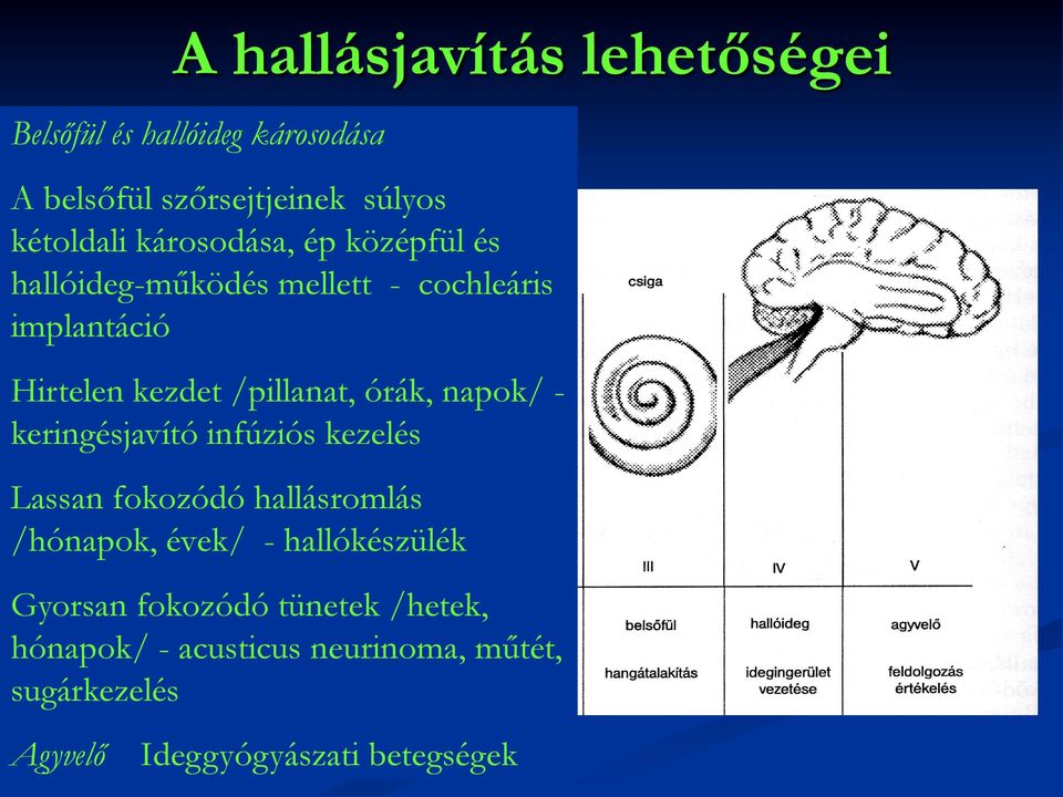 órák, napok/ - keringésjavító infúziós kezelés Lassan fokozódó hallásromlás /hónapok, évek/ - hallókészülék