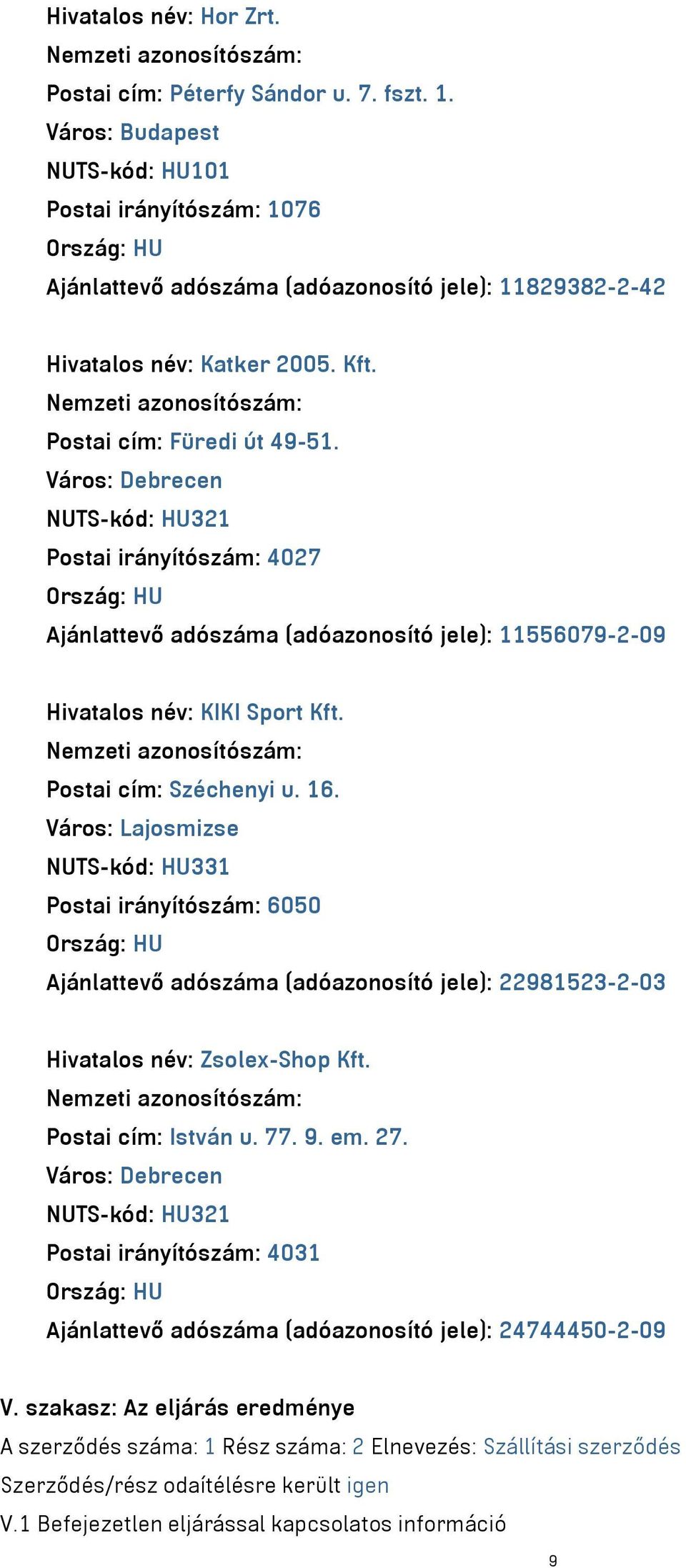 Város: Debrecen NUTS-kód: HU321 Postai irányítószám: 4027 Ajánlattevő adószáma (adóazonosító jele): 11556079-2-09 Hivatalos név: KIKI Sport Kft. Postai cím: Széchenyi u. 16.