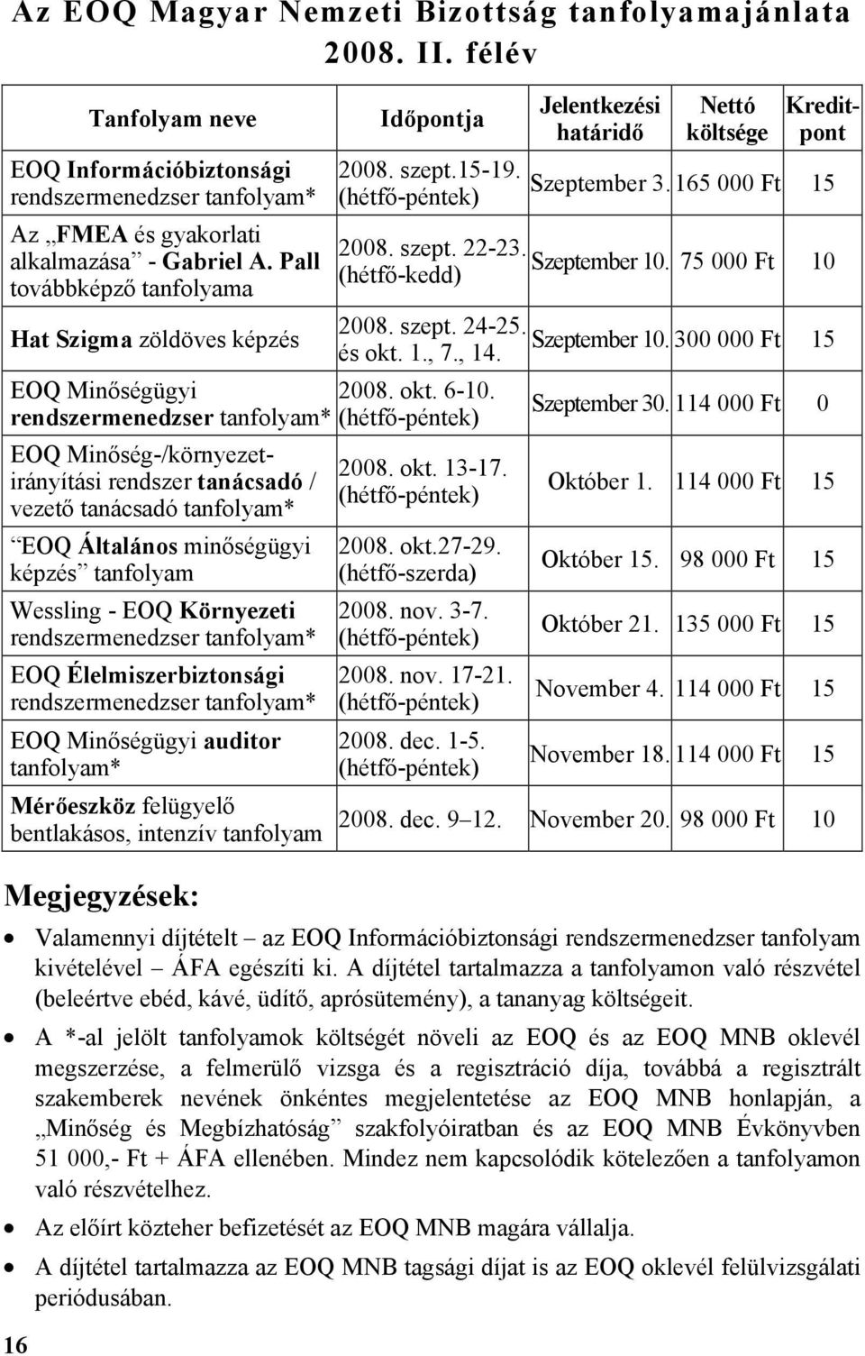 rendszermenedzser tanfolyam* (hétfő-péntek) EOQ Minőség-/környezetirányítási rendszer tanácsadó / vezető tanácsadó tanfolyam* EOQ Általános minőségügyi képzés tanfolyam Wessling - EOQ Környezeti