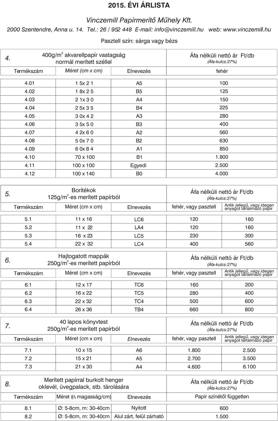 hu Pasztell szín: sárga vagy bézs g/m akvarellpapír vastagság normál merített széllel fehér 01 0 03 04 05 15x1 18x5 1x30 5x35 100 15 5 30x4 06 35x50 B3 07 4x60 A 560 08 50x B 09 10 11 1 60x84 A1 850