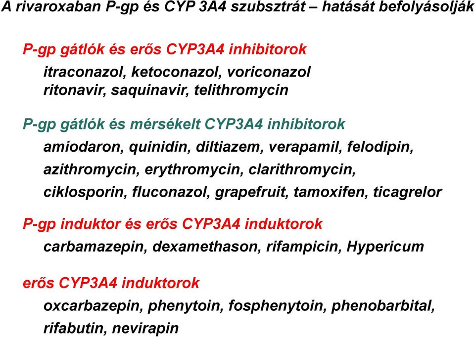 azithromycin, erythromycin, clarithromycin, ciklosporin, fluconazol, grapefruit, tamoxifen, ticagrelor P-gp induktor és erős CYP3A4