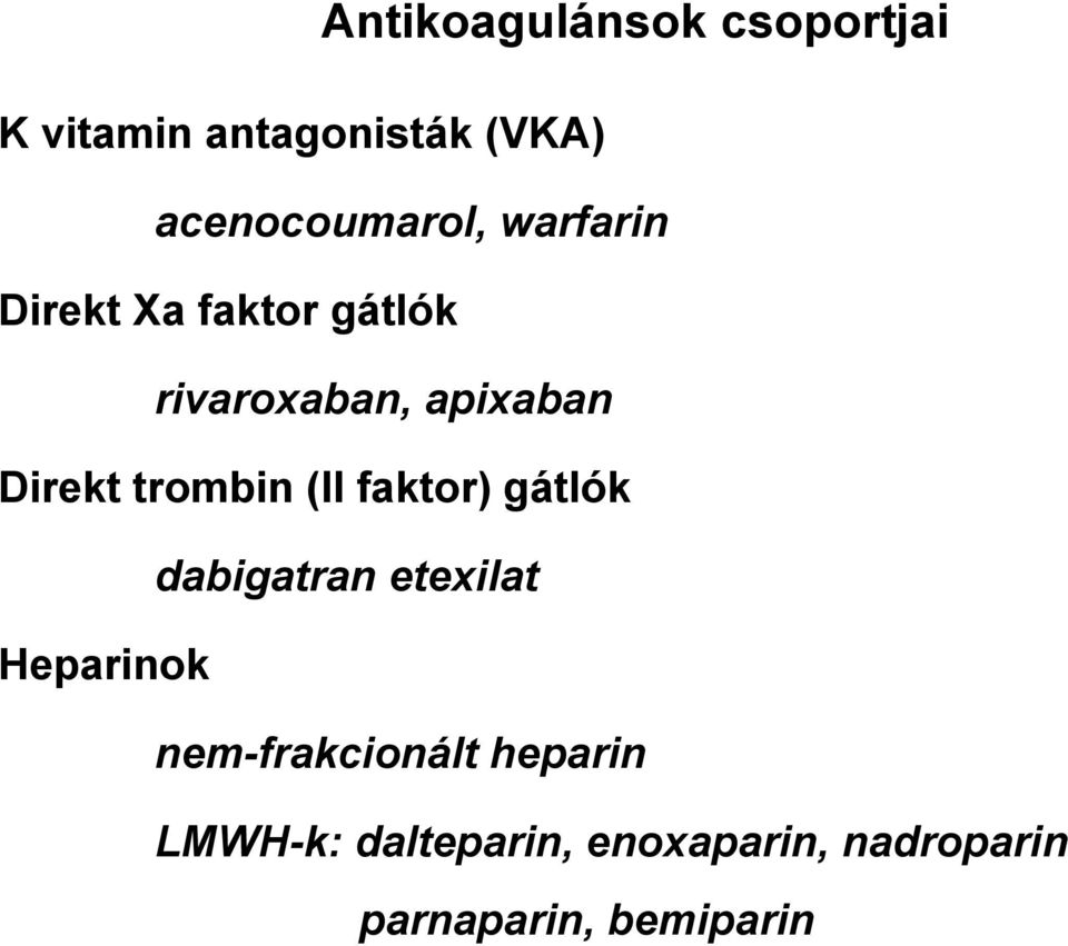 Direkt trombin (II faktor) gátlók dabigatran etexilat Heparinok