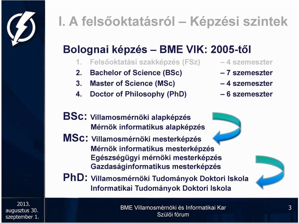 Doctor of Philosophy(PhD) 6 szemeszter BSc: Villamosmérnöki alapképzés Mérnök informatikus alapképzés MSc: Villamosmérnöki