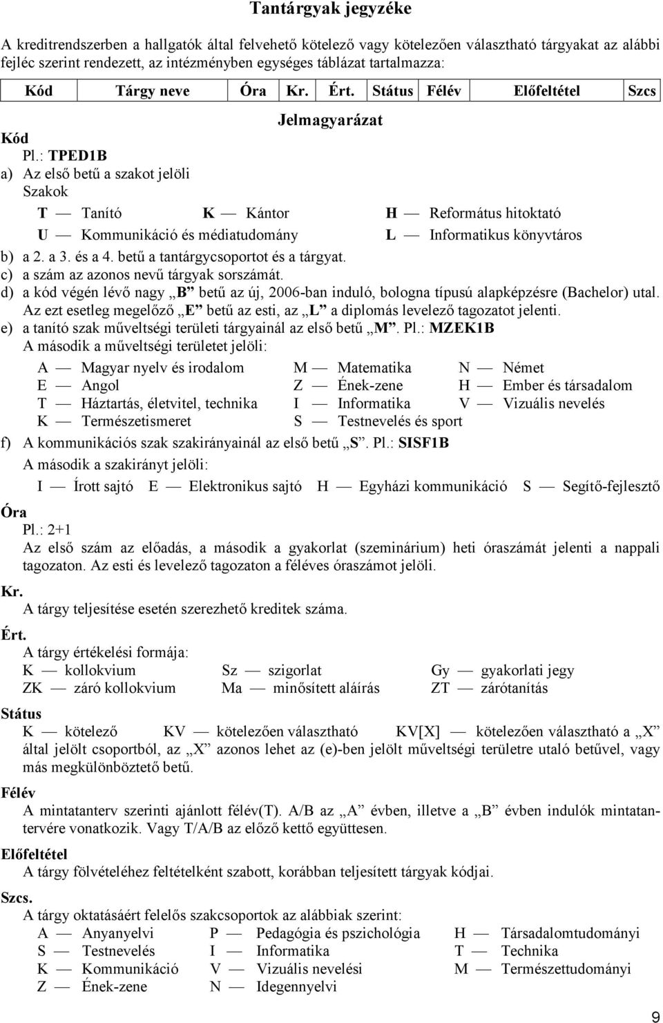 : TPED1B a) Az első betű a szakot jelöli Szakok T Tanító K Kántor H Református hitoktató U Kommunikáció és médiatudomány L Informatikus könyvtáros b) a 2. a 3. és a 4.