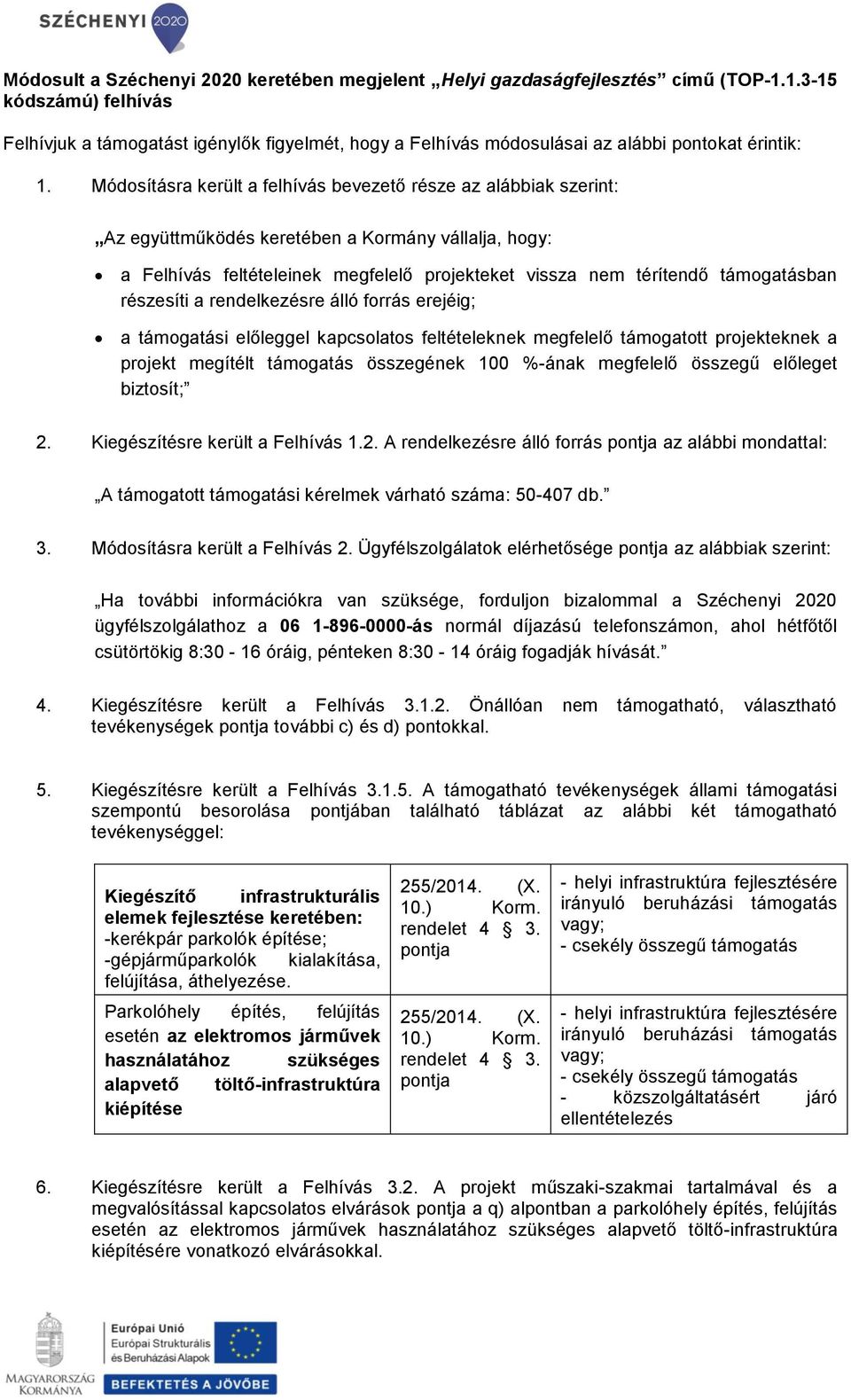 Módosításra került a felhívás bevezető része az alábbiak szerint: Az együttműködés keretében a Kormány vállalja, hogy: a Felhívás feltételeinek megfelelő projekteket vissza nem térítendő támogatásban