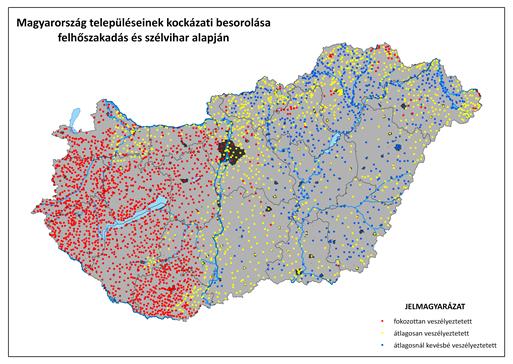 Települések kockázati besorolása nagy csapadék és viharos szél előfordulás alapján Módszer 1.