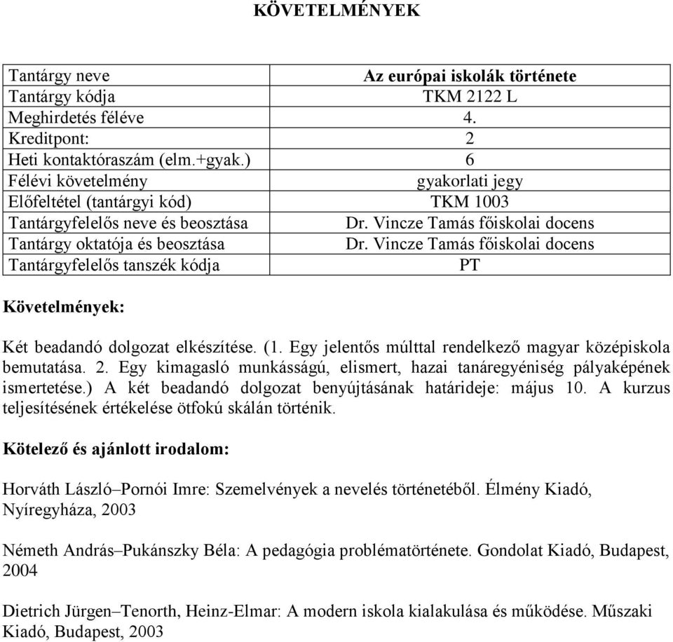 ) A két beadandó dolgozat benyújtásának határideje: május 10. A kurzus teljesítésének értékelése ötfokú skálán történik. Horváth László Pornói Imre: Szemelvények a nevelés történetéből.