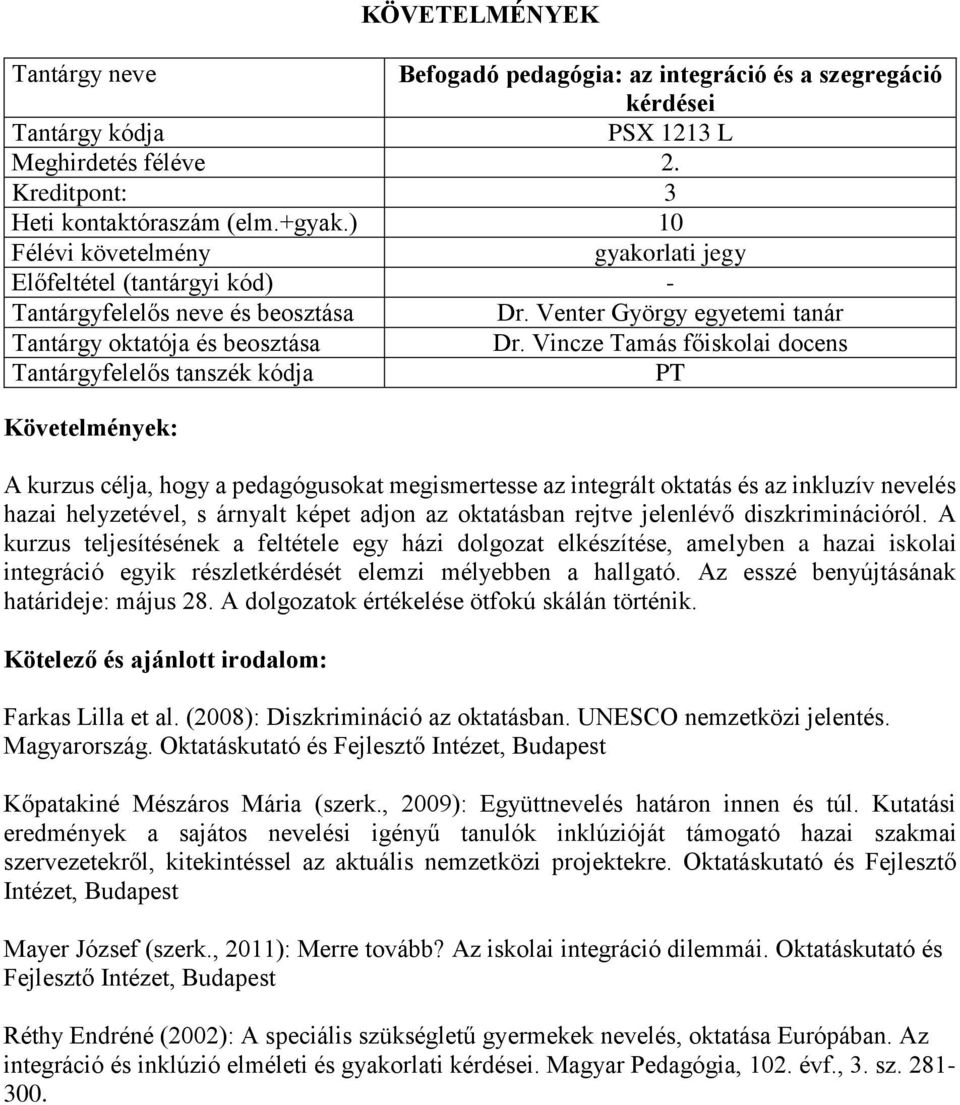 diszkriminációról. A kurzus teljesítésének a feltétele egy házi dolgozat elkészítése, amelyben a hazai iskolai integráció egyik részletkérdését elemzi mélyebben a hallgató.