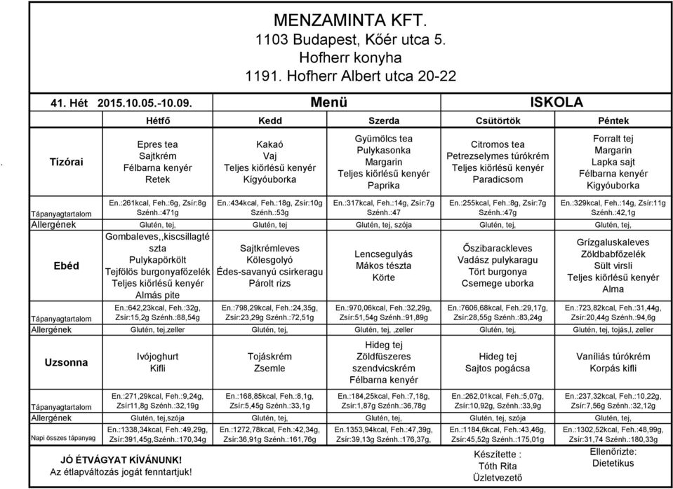 :42,1g Allergének Glutén, tej, Glutén, tej Glutén, tej, szója Glutén, tej, Glutén, tej, Gombaleves,,kiscsillagté szta Pulykapörkölt Tejfölös burgonyafőzelék Almás pite Sajtkrémleves Kölesgolyó