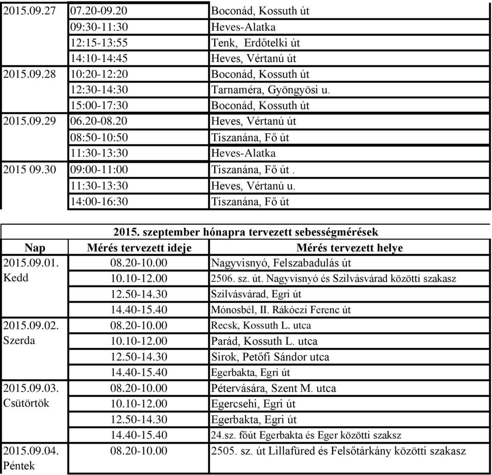 15:00-17:30 Boconád, Kossuth út 06.20-08.20 Heves, Vértanú út 08:50-10:50 Tiszanána, Fő út 11:30-13:30 Heves-Alatka 09:00-11:00 Tiszanána, Fő út. 11:30-13:30 Heves, Vértanú u.