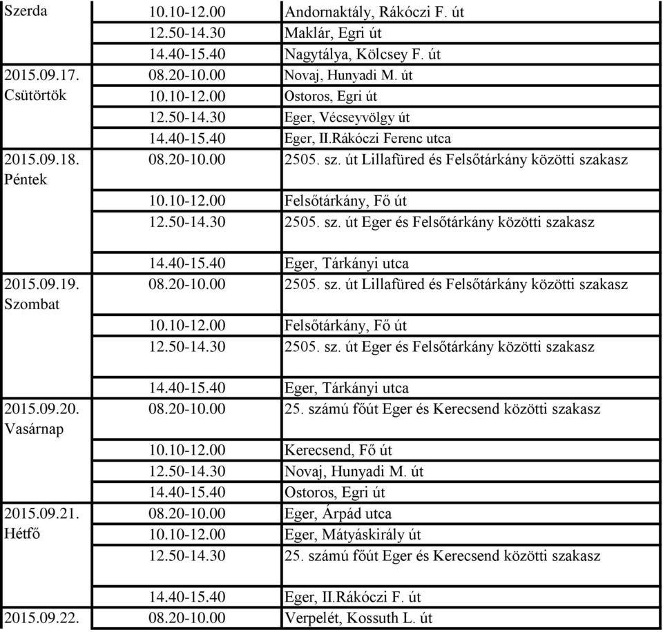 20-10.00 2505. sz. út Lillafüred és Felsőtárkány közötti szakasz 10.10-12.00 Felsőtárkány, Fő út 12.50-14.30 2505. sz. út Eger és Felsőtárkány közötti szakasz 14.40-15.40 Eger, Tárkányi utca 08.20-10.00 2505. sz. út Lillafüred és Felsőtárkány közötti szakasz 10.10-12.00 Felsőtárkány, Fő út 12.50-14.30 2505. sz. út Eger és Felsőtárkány közötti szakasz 14.40-15.40 Eger, Tárkányi utca 08.20-10.00 25. számú főút Eger és Kerecsend közötti szakasz 10.