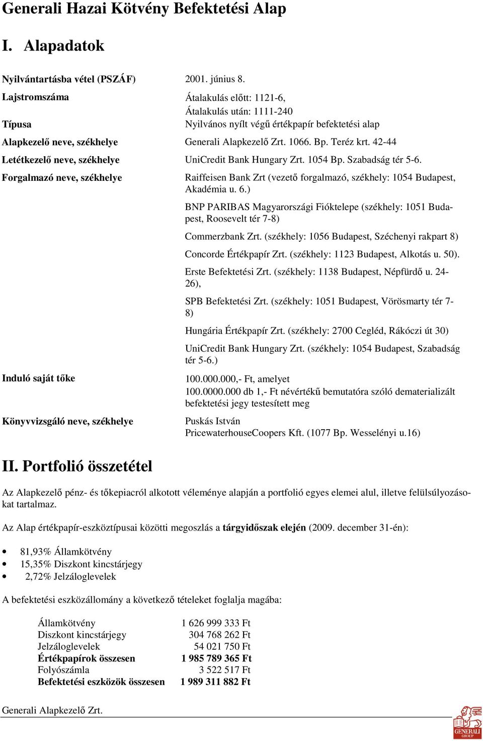 42-44 Letétkezelı neve, székhelye UniCredit Bank Hungary Zrt. 1054 Bp. Szabadság tér 5-6. Forgalmazó neve, székhelye Induló saját tıke Könyvvizsgáló neve, székhelye II.