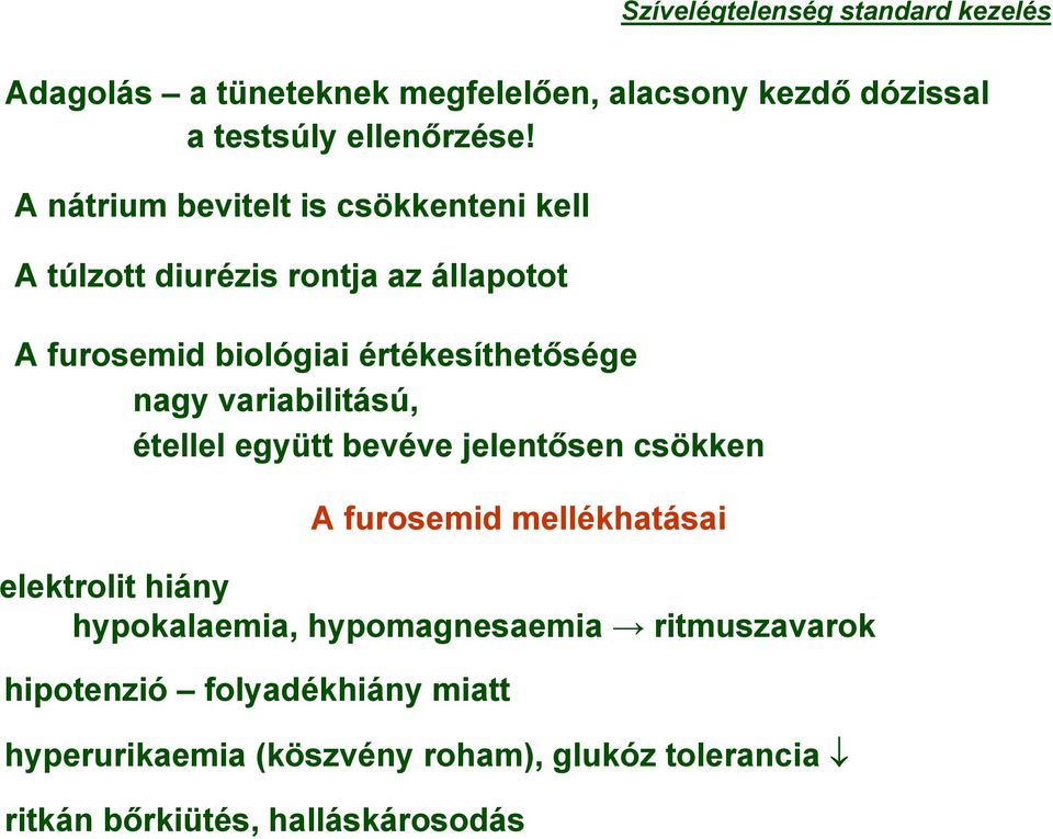 értékesíthetősége nagy variabilitású, étellel együtt bevéve jelentősen csökken A furosemid mellékhatásai elektrolit