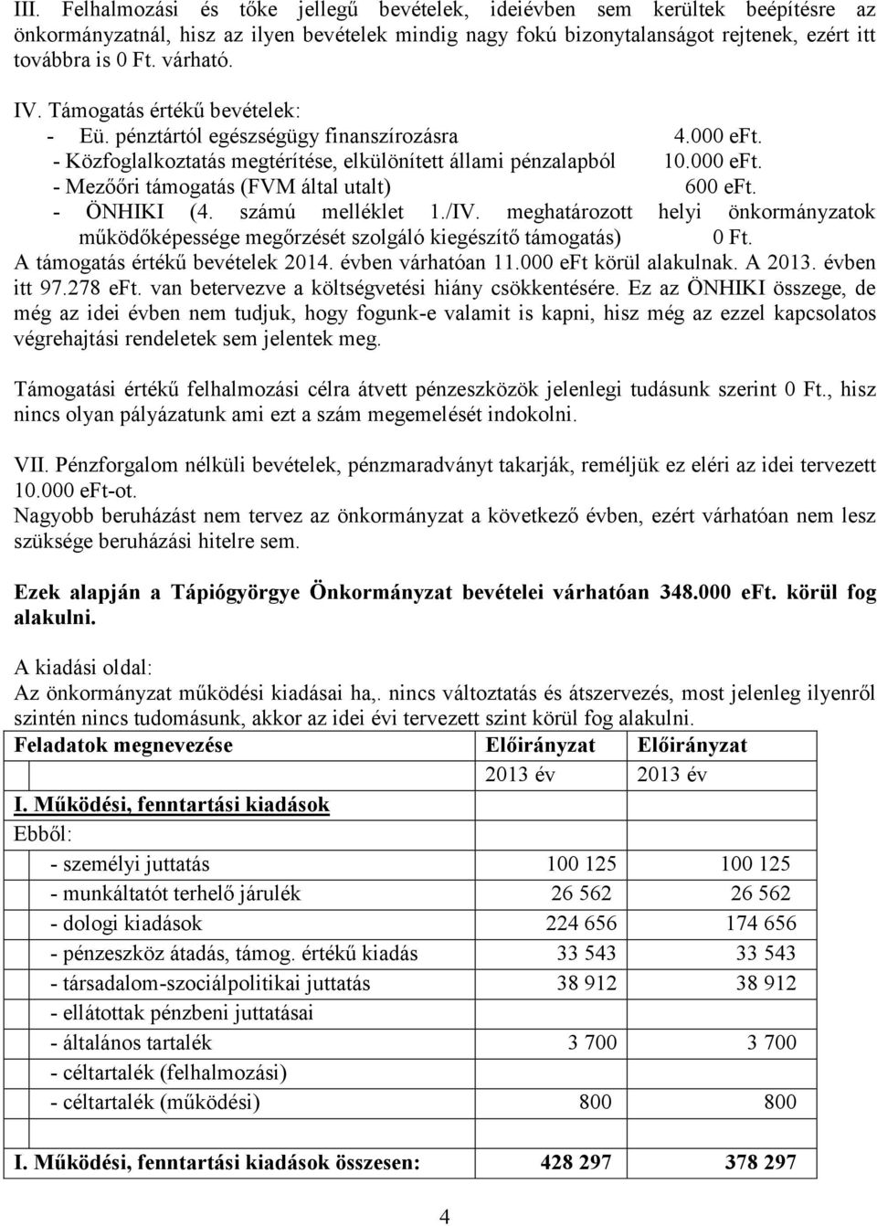 - ÖNHIKI (4. számú melléklet 1./IV. meghatározott helyi önkormányzatok működőképessége megőrzését szolgáló kiegészítő támogatás) 0 Ft. A támogatás értékű bevételek 2014. évben várhatóan 11.