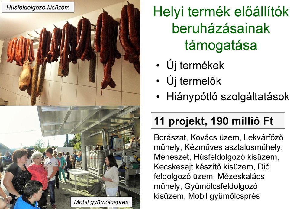 Lekvárfőző műhely, Kézműves asztalosműhely, Méhészet, Húsfeldolgozó kisüzem, Kecskesajt készítő