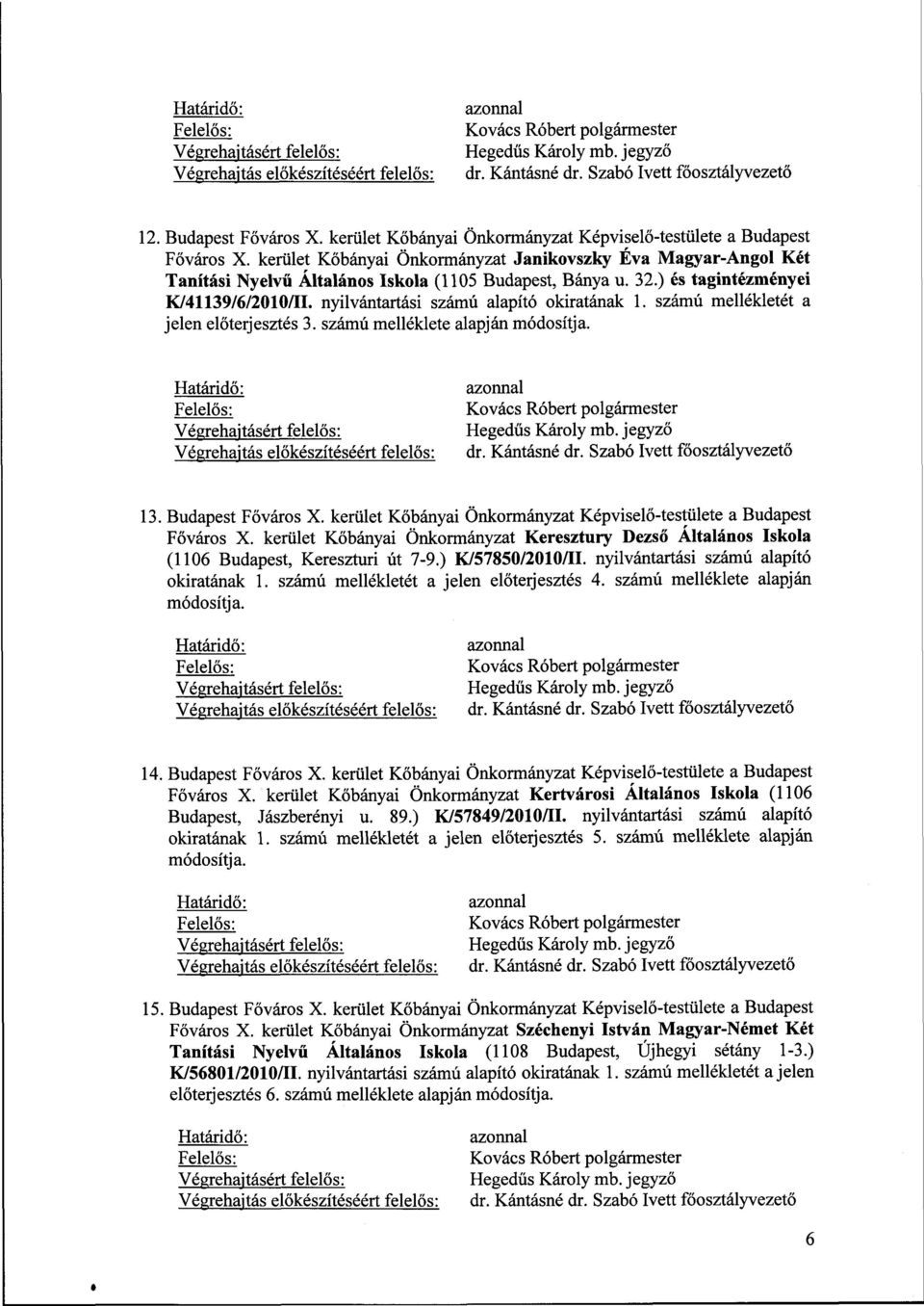 kerület Kőbányai Önkormányzat Janikovszky Éva Magyar-Angol Két Tanítási Nyelvű Általános Iskola (1105 Budapest, Bánya u. 32.) és tagintézményei K/41139/6/2010/II.