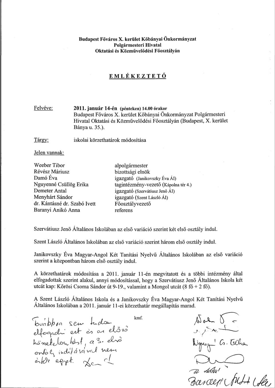 iskolai körzethatárok módosítása Jelen vannak: Weeber Tibor alpolgármester Révész Máriusz bizottsági elnök Damó Éva igazgató (Janikovszky Éva Ál) Nguyenné Csüllög Erika tagintézmény-vezető (Kápolna