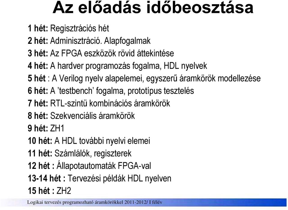 alapelemei, egyszerű áramkörök modellezése 6 hét: A testbench fogalma, prototípus p tesztelés 7 hét: RTL-szintü kombinációs áramkörök 8