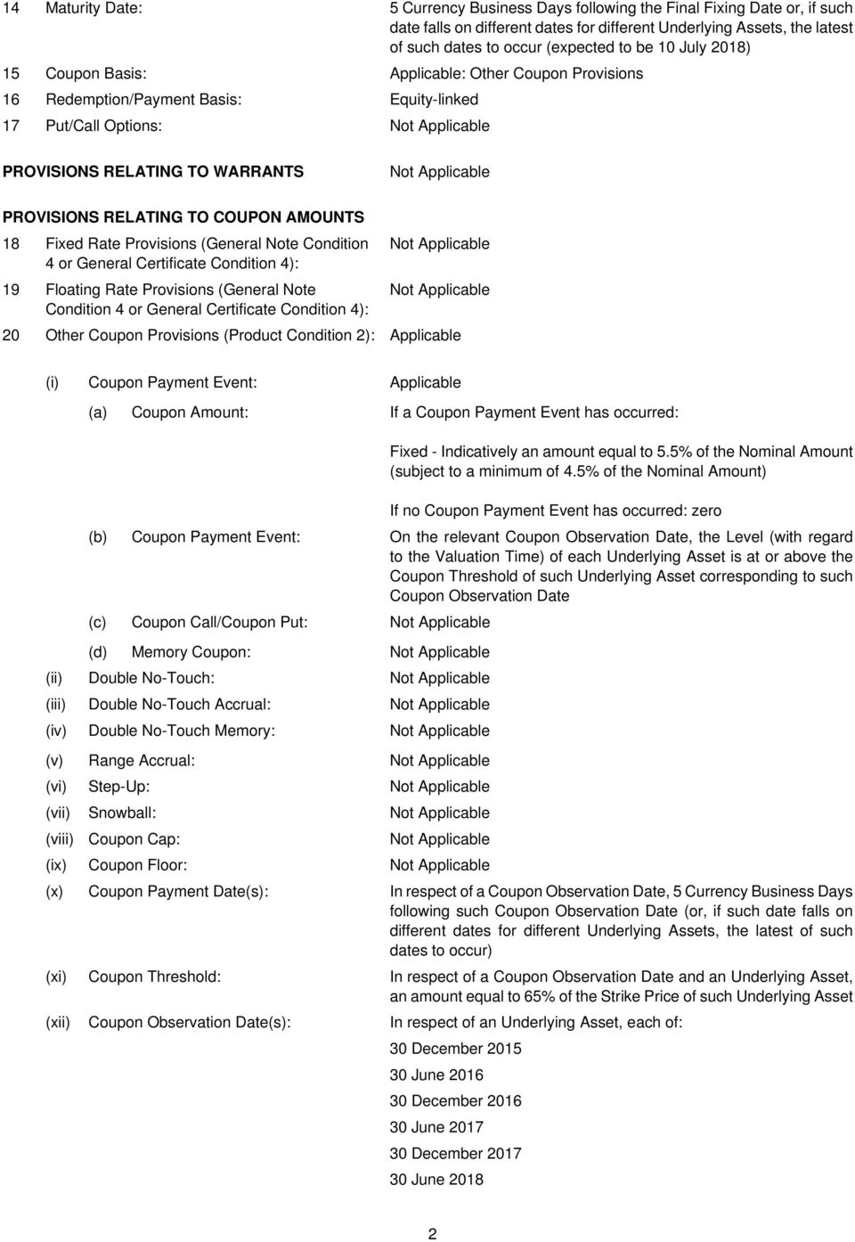 PROVISIONS RELATING TO COUPON AMOUNTS 18 Fixed Rate Provisions (General Note Condition 4 or General Certificate Condition 4): 19 Floating Rate Provisions (General Note Condition 4 or General