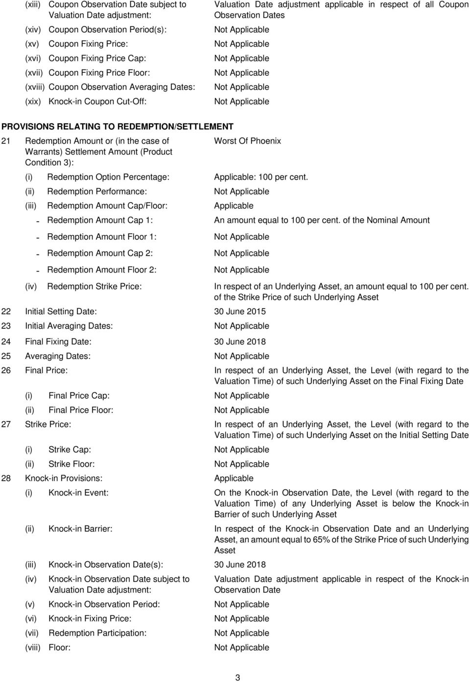 (xix) Knock-in Coupon Cut-Off: Not Applicable PROVISIONS RELATING TO REDEMPTION/SETTLEMENT 21 Redemption Amount or (in the case of Warrants) Settlement Amount (Product Condition 3): Worst Of Phoenix