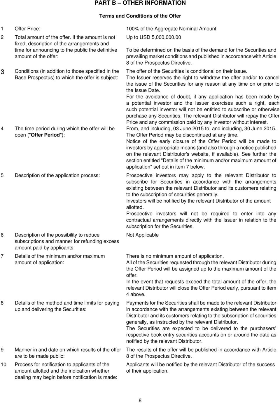 Prospectus) to which the offer is subject: 4 The time period during which the offer will be open ("Offer Period"): Up to USD 5,000,000.