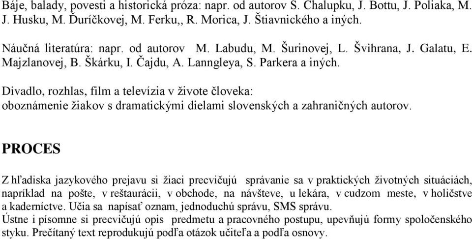 Divadlo, rozhlas, film a televízia v živote človeka: oboznámenie žiakov s dramatickými dielami slovenských a zahraničných autorov.