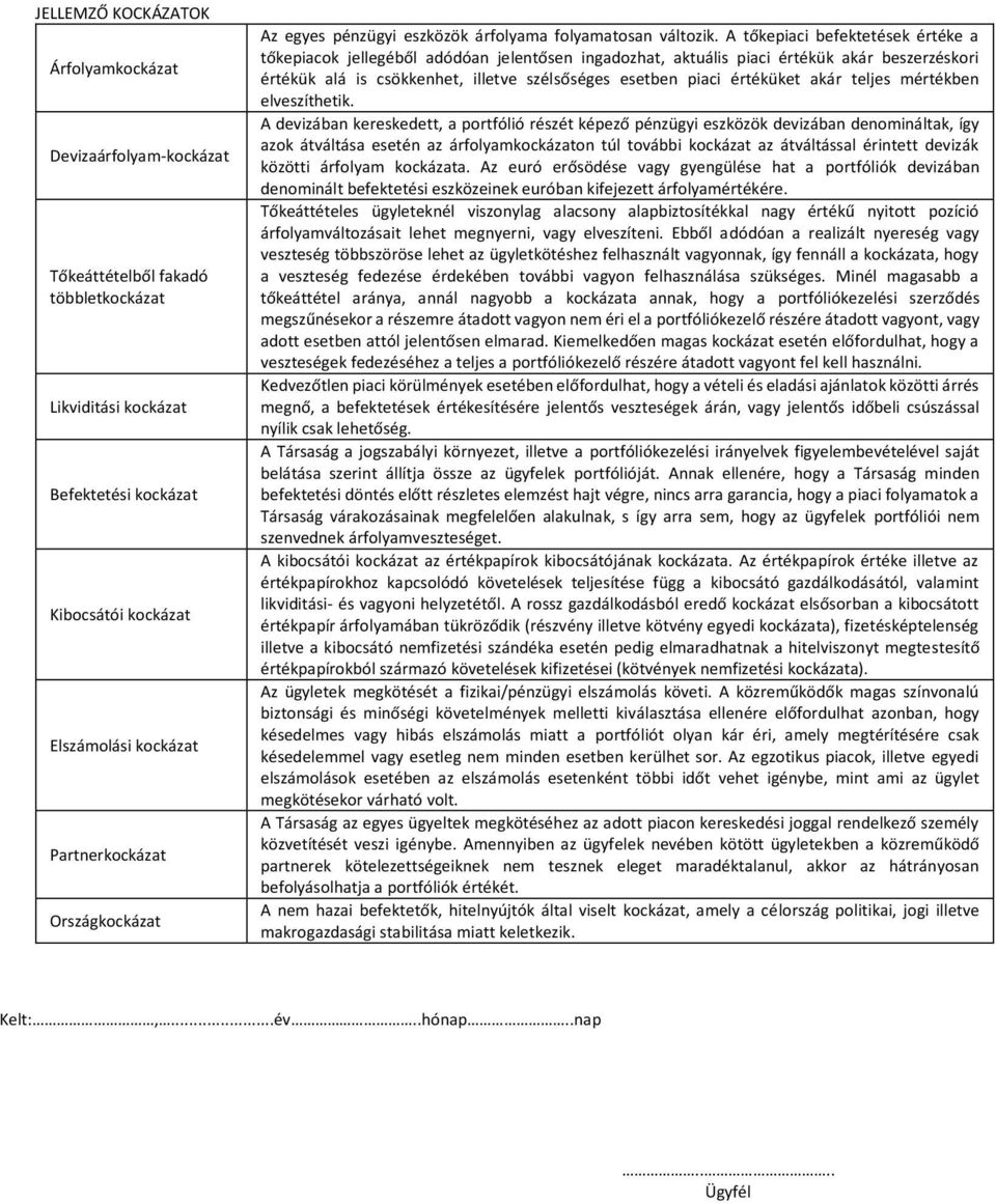 A tőkepiaci befektetések értéke a tőkepiacok jellegéből adódóan jelentősen ingadozhat, aktuális piaci értékük akár beszerzéskori értékük alá is csökkenhet, illetve szélsőséges esetben piaci értéküket