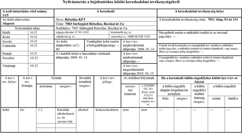 : Mozgóbolt esetén a működési terület és az útvonal Kedd 10-22 vállalkozói ig. sz.: statisztikai sz.