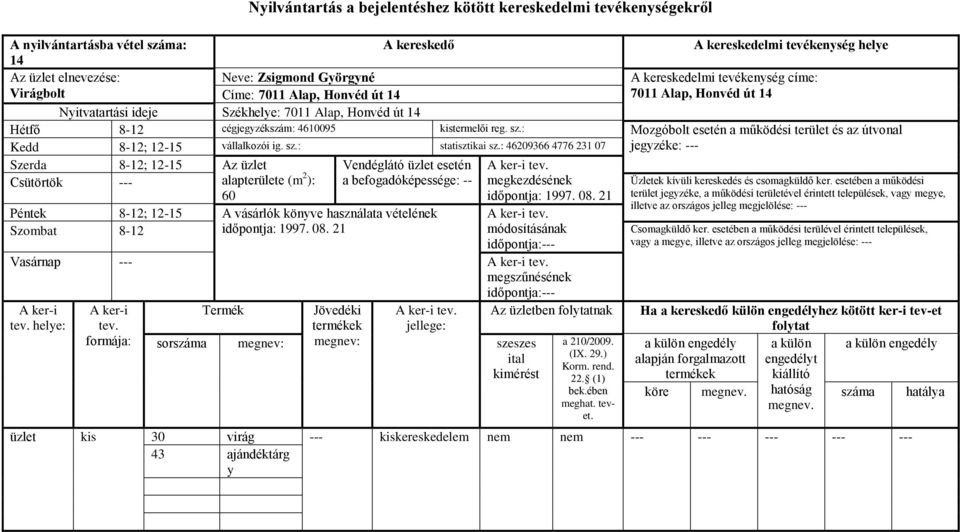 : Mozgóbolt esetén a működési terület és az útvonal Kedd 8-12; 12-15 vállalkozói ig. sz.: statisztikai sz.