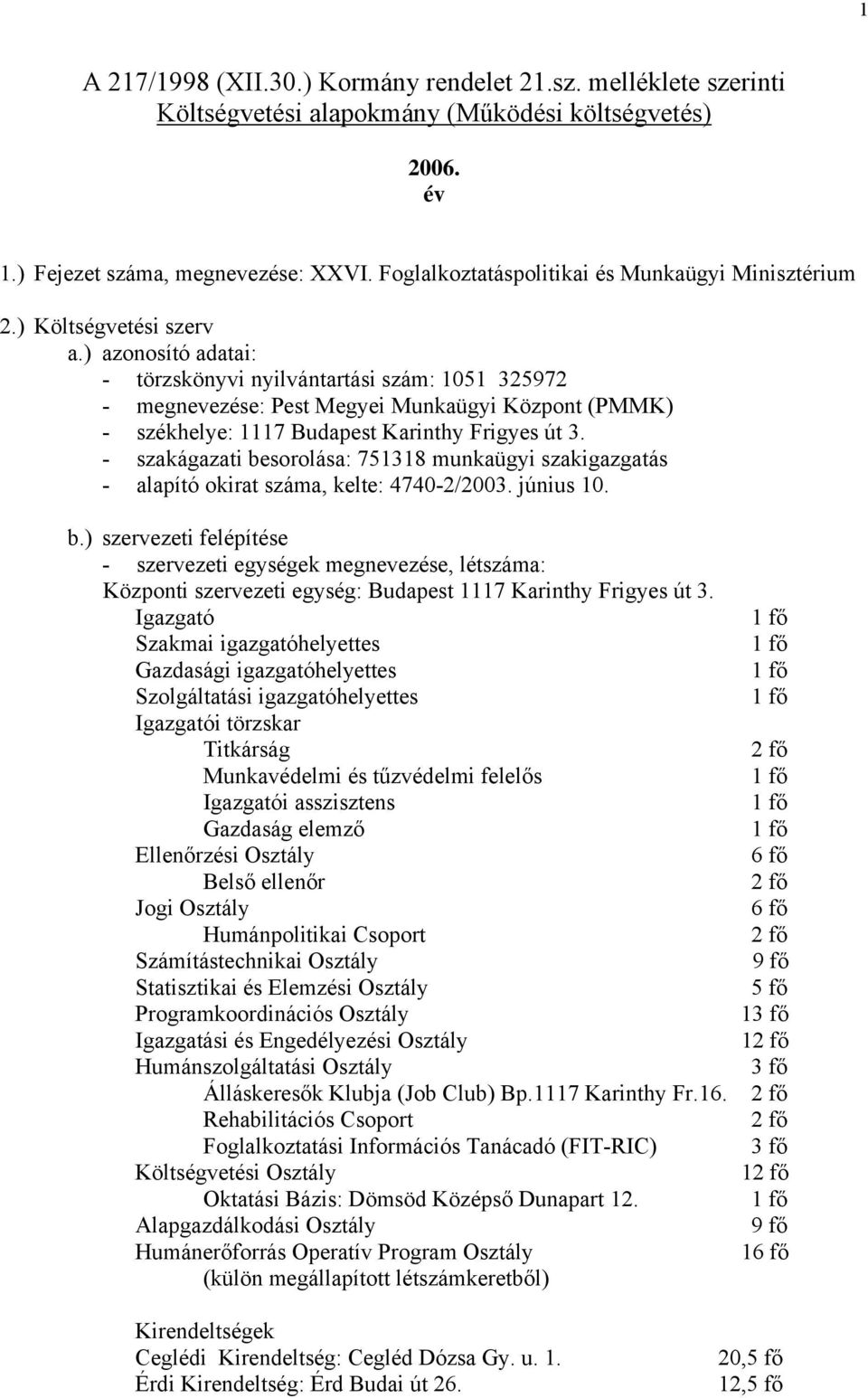 ) azonosító adatai: - törzskönyvi nyilvántartási szám: 1051 325972 - megnevezése: Pest Megyei Munkaügyi Központ (PMMK) - székhelye: 1117 Budapest Karinthy Frigyes út 3.