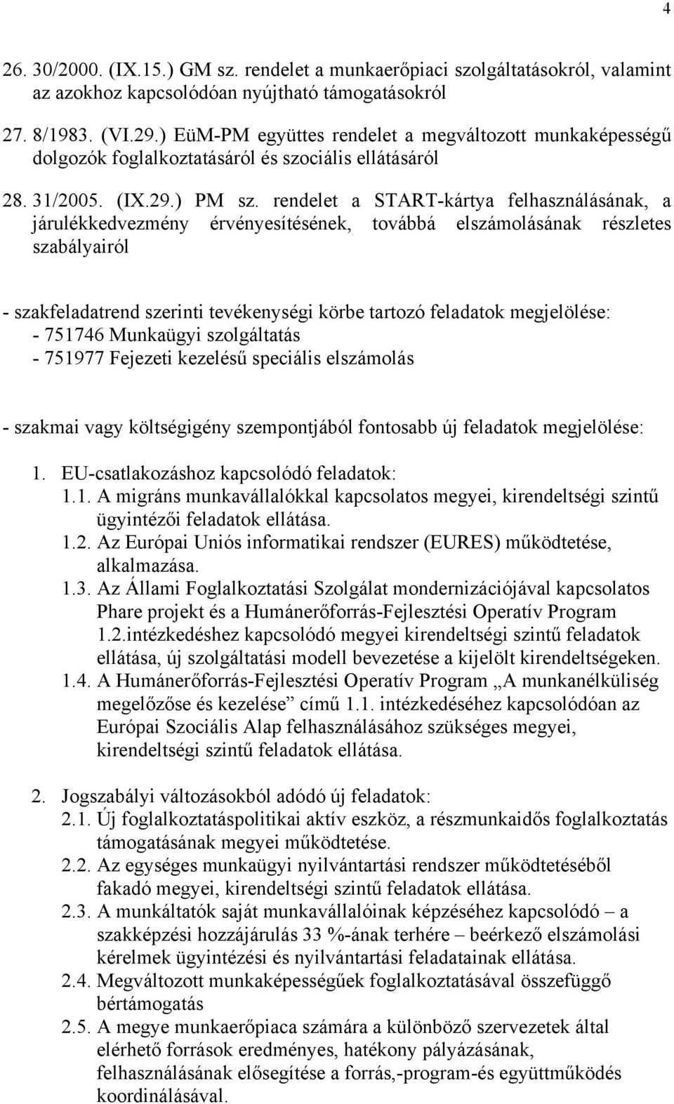 rendelet a START-kártya felhasználásának, a járulékkedvezmény érvényesítésének, továbbá elszámolásának részletes szabályairól - szakfeladatrend szerinti tevékenységi körbe tartozó feladatok