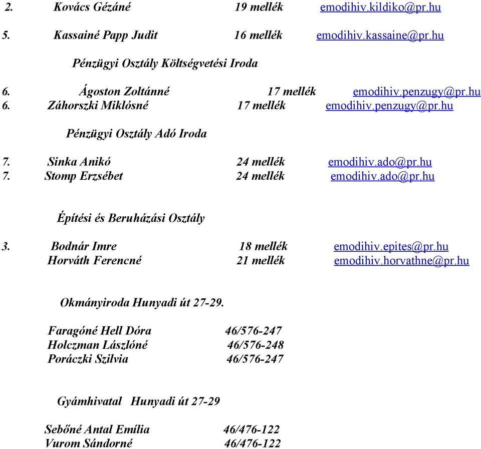 hu 7. Stomp Erzsébet 24 mellék emodihiv.ado@pr.hu Építési és Beruházási Osztály 3. Bodnár Imre 18 mellék emodihiv.epites@pr.hu Horváth Ferencné 21 mellék emodihiv.horvathne@pr.