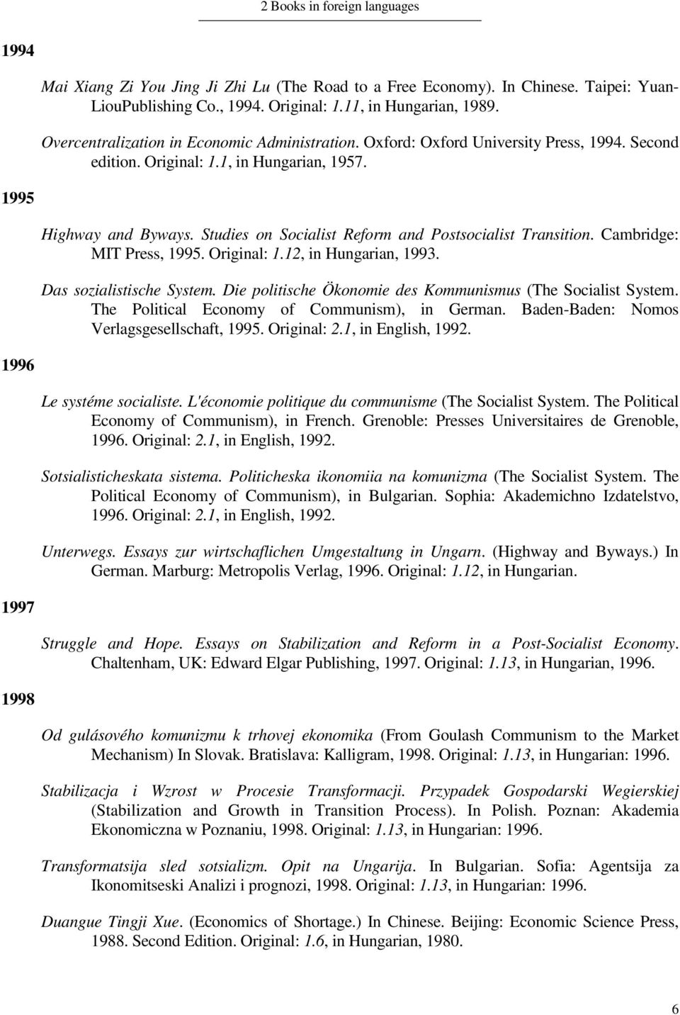 Studies on Socialist Reform and Postsocialist Transition. Cambridge: MIT Press, 1995. Original: 1.12, in Hungarian, 1993. Das sozialistische System.