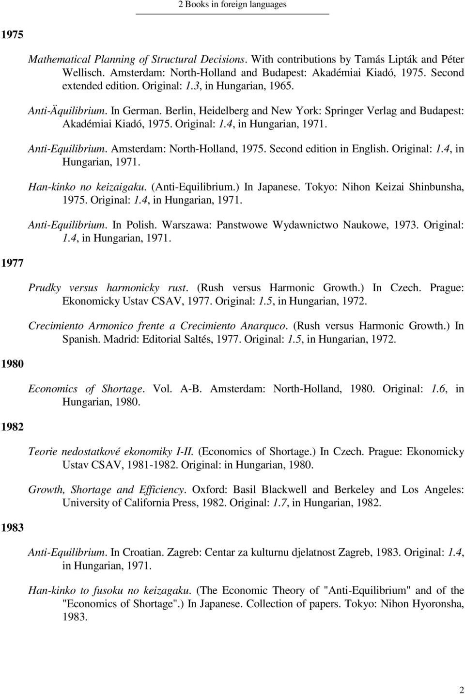 Anti-Equilibrium. Amsterdam: North-Holland, 1975. Second edition in English. Original: 1.4, in Hungarian, 1971. Han-kinko no keizaigaku. (Anti-Equilibrium.) In Japanese.