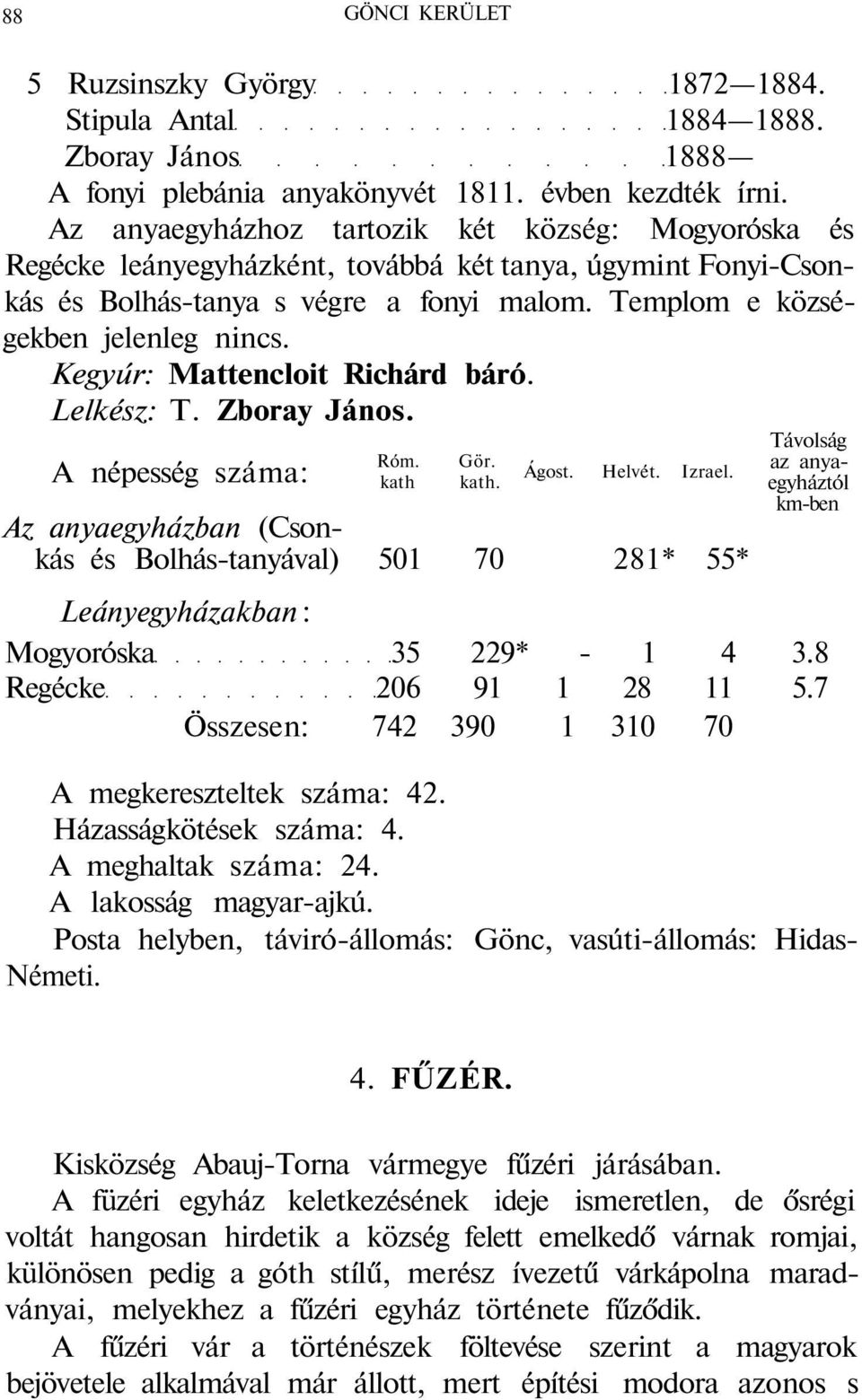 Kegyúr: Mattencloit Richárd báró. Lelkész: T. Zboray János. A népesség száma: Róm. kath Gör. kath. Ágost. Helvét. Izrael.