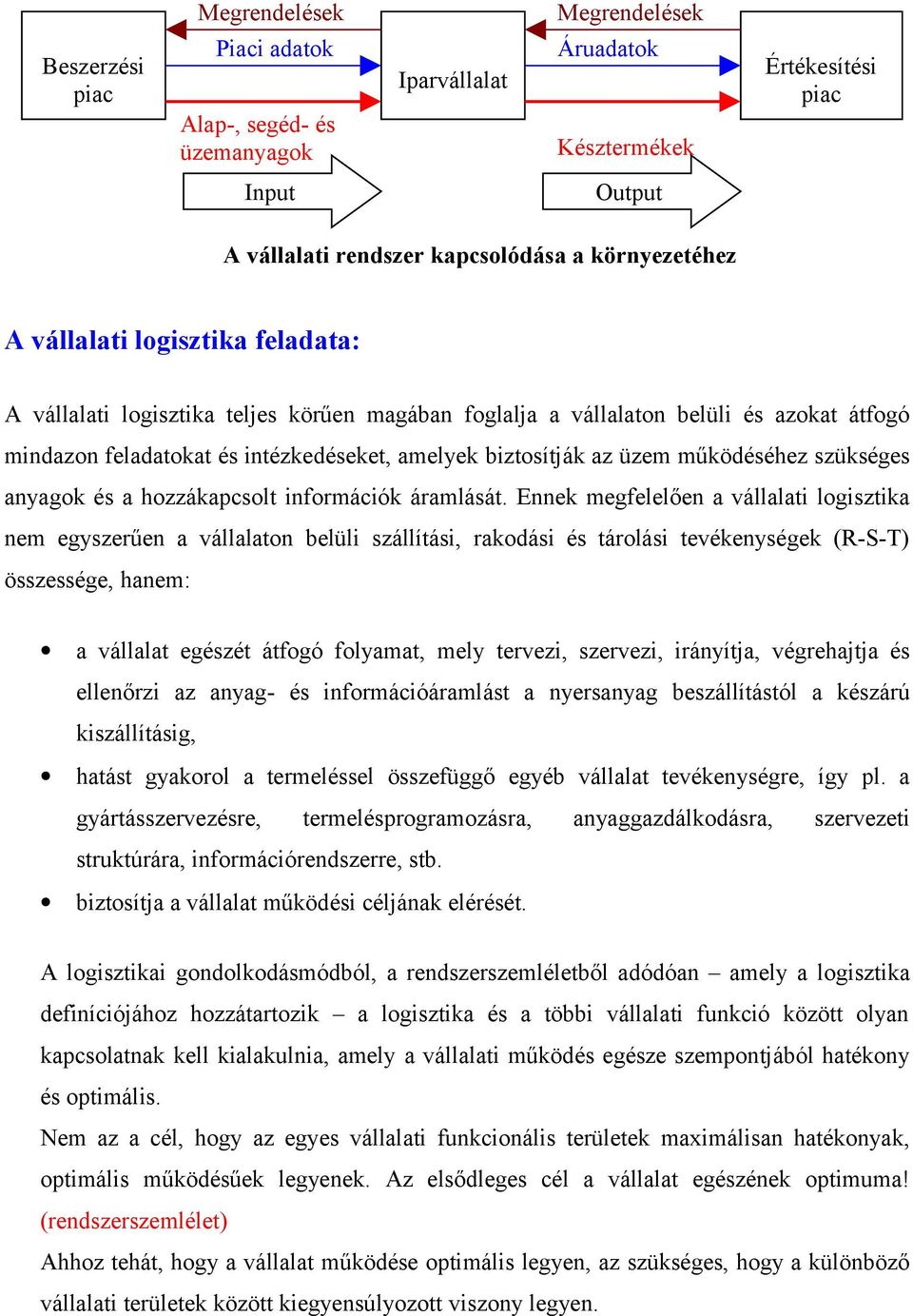 az üzem működéséhez szükséges anyagok és a hozzákapcsolt információk áramlását.