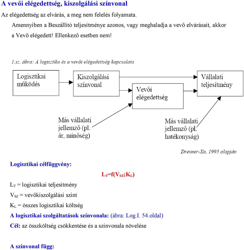 Logisztikai célfüggvény: L T =f(v SZ ;K L ) L T = logisztikai teljesítmény V SZ = vevőkiszolgálási szint K L = összes