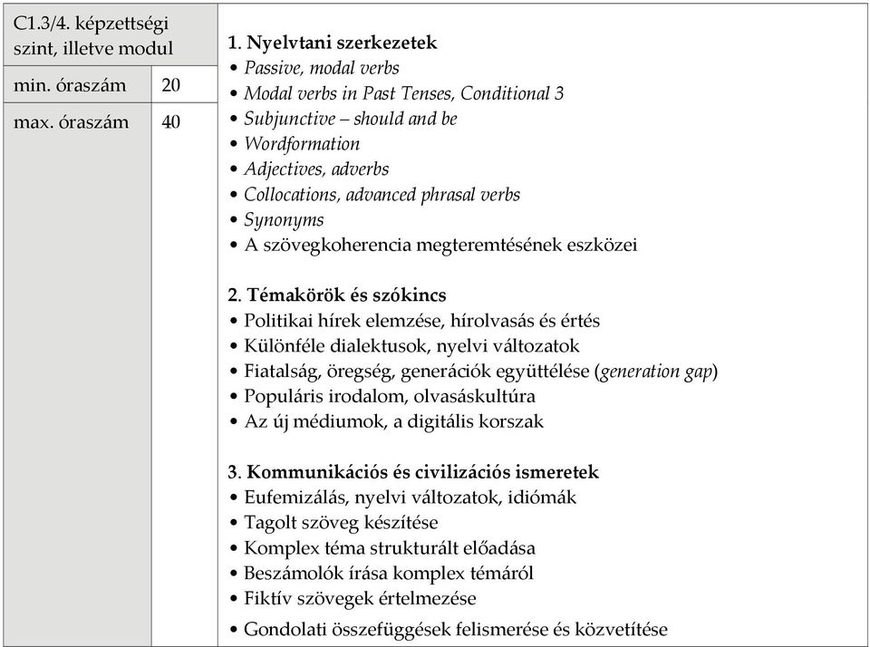 Synonyms A szövegkoherencia megteremtésének eszközei Politikai hírek elemzése, hírolvasás és értés Különféle dialektusok, nyelvi változatok Fiatalság, öregség, generációk