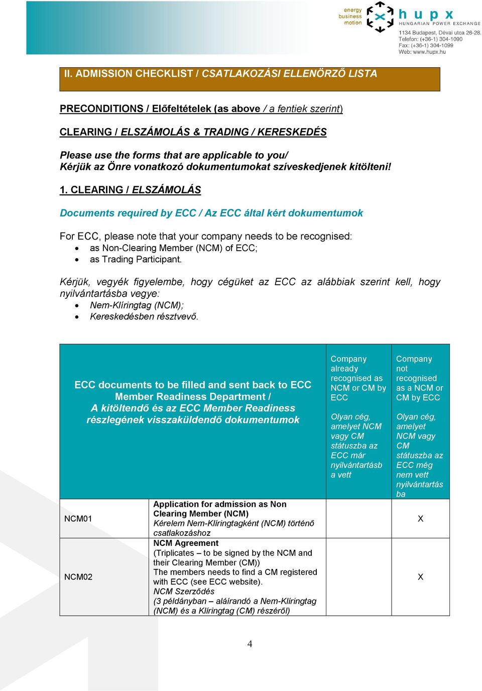 CLEARING / ELSZÁMOLÁS Documents required by ECC / Az ECC által kért dokumentumok For ECC, please note that your company needs to be recognised: as Non-Clearing Member (NCM) of ECC; as Trading