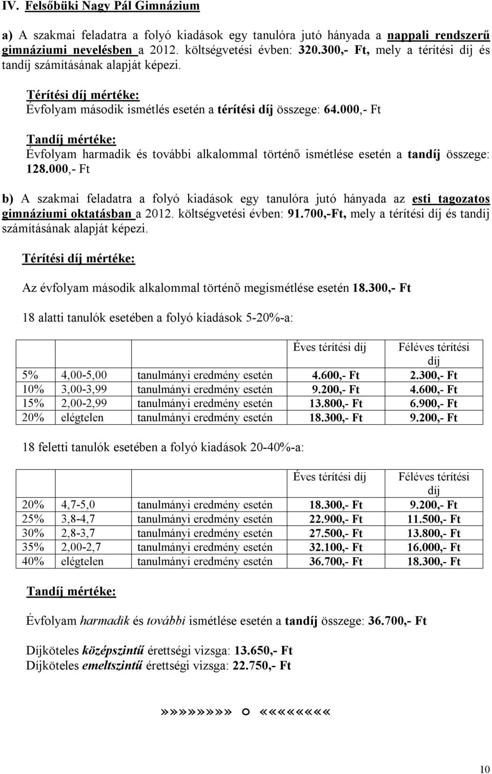 000,- Ft Évfolyam harmadik és további alkalommal történő ismétlése esetén a tandíj összege: 128.