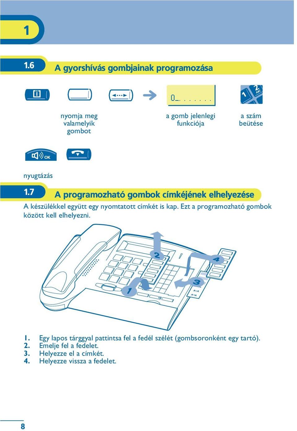 7 A programozható gombok címkéjének elhelyezése A készülékkel együtt egy nyomtatott címkét is kap.